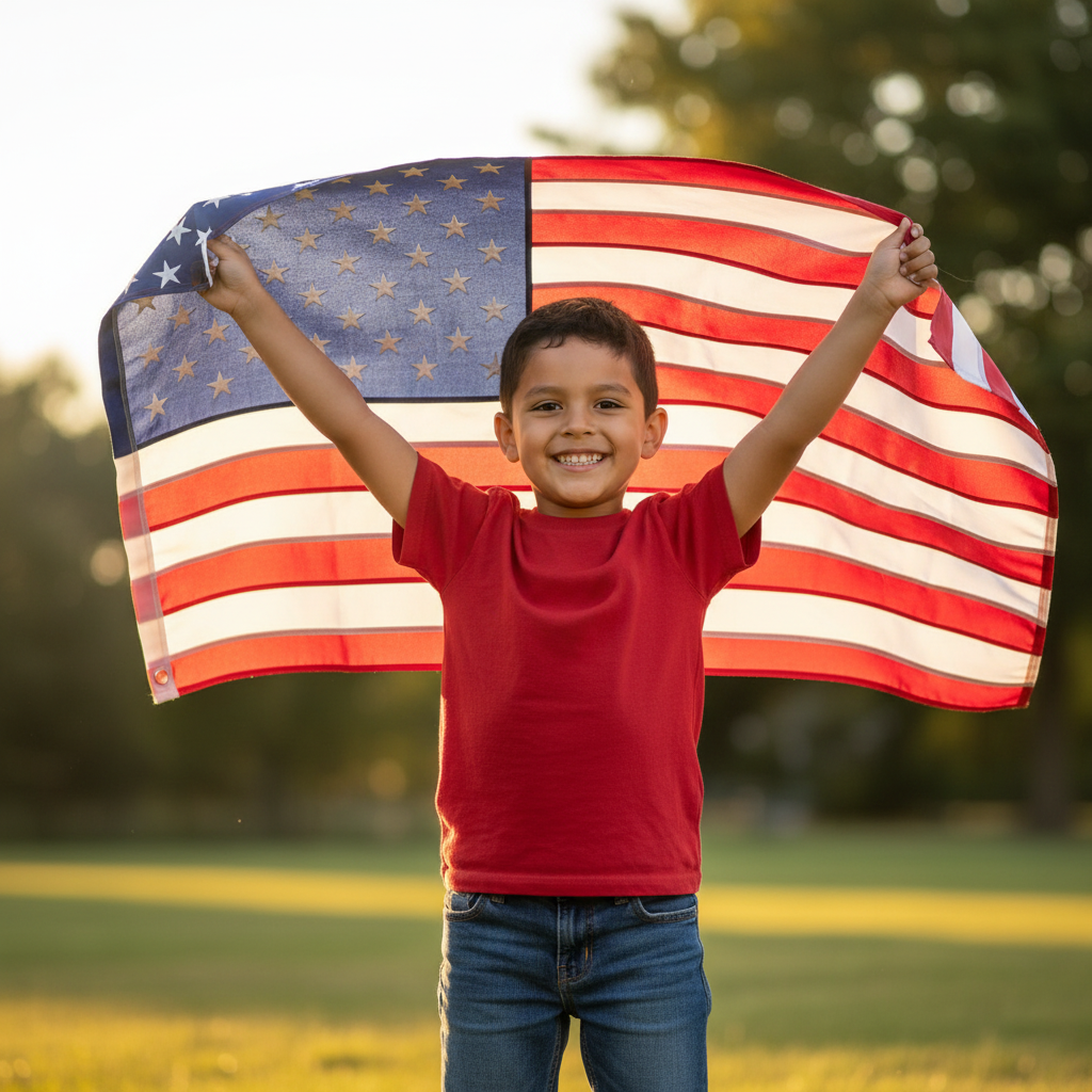 Young boy joyfully waving an American flag